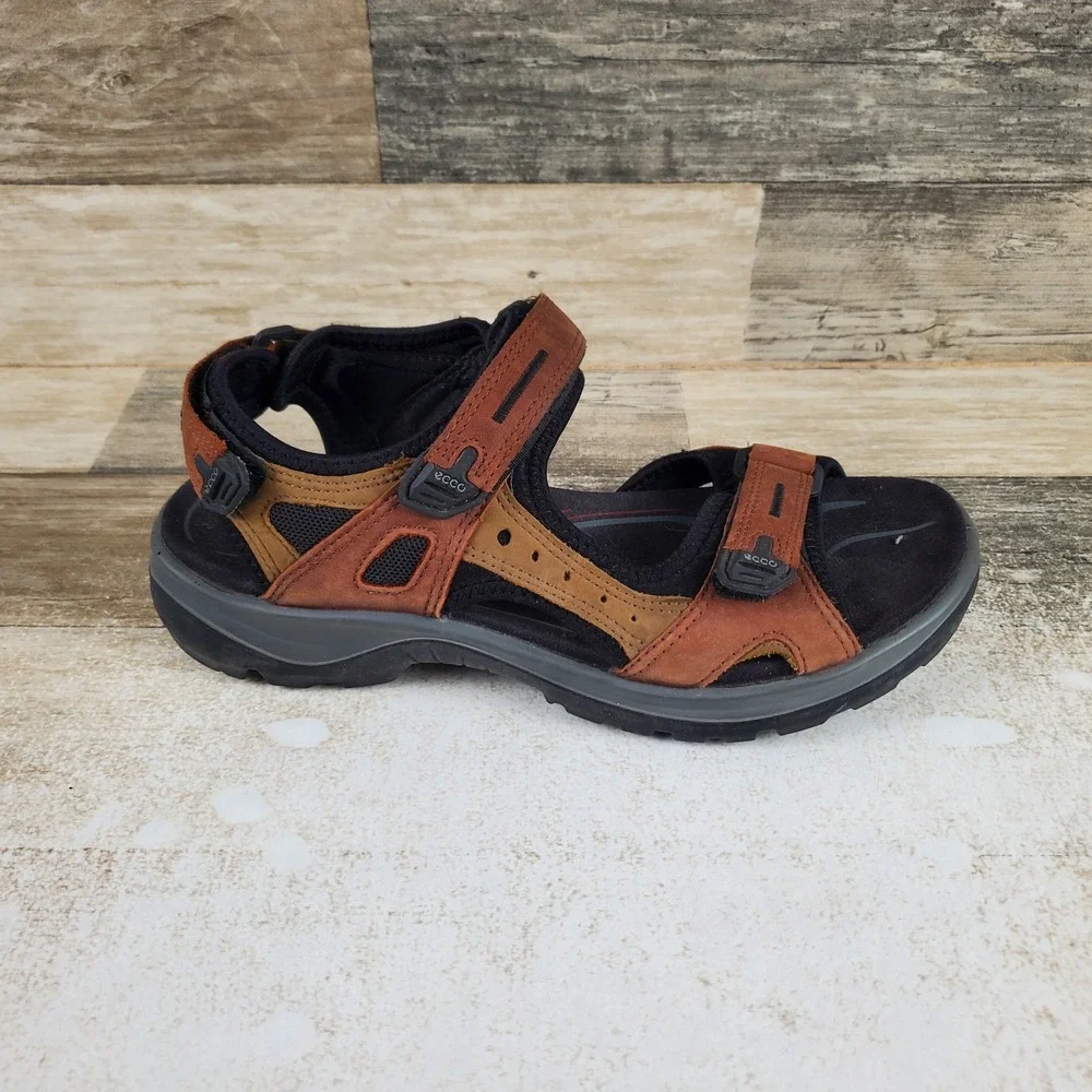 ECCO Offroad Sandals Sz 7 - 7.5 Brown Black Nubuck Leather Hook-and-Loop